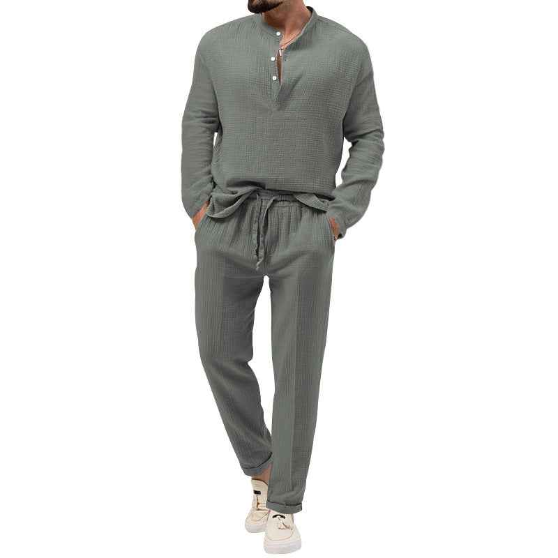Men's Pure Color Casual Long Sleeve Shirt and Pants Set