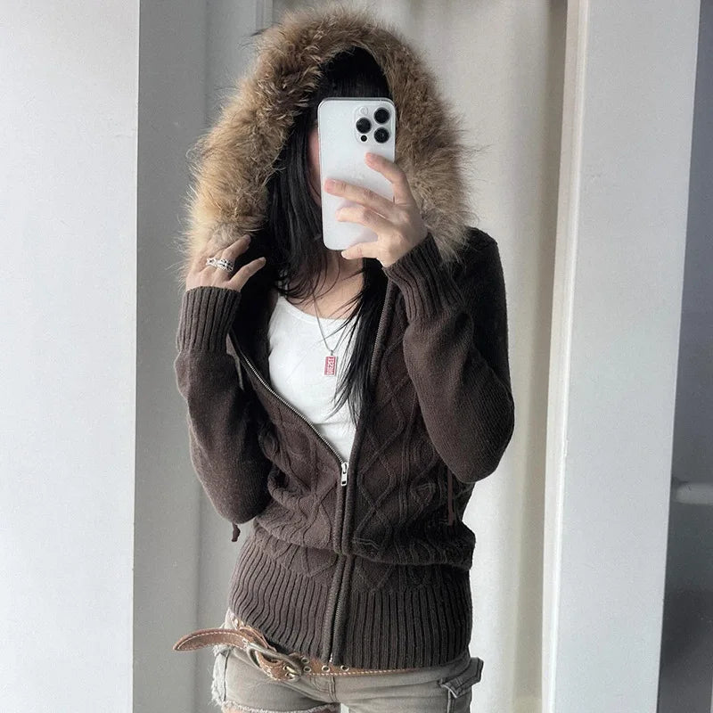 Women Hooded Zipper Coats Full Sleeved Thick Jackets Solid Slim Fit Spliced Elegant Jacket Pockets Casual Autumn Winter - Colouronova