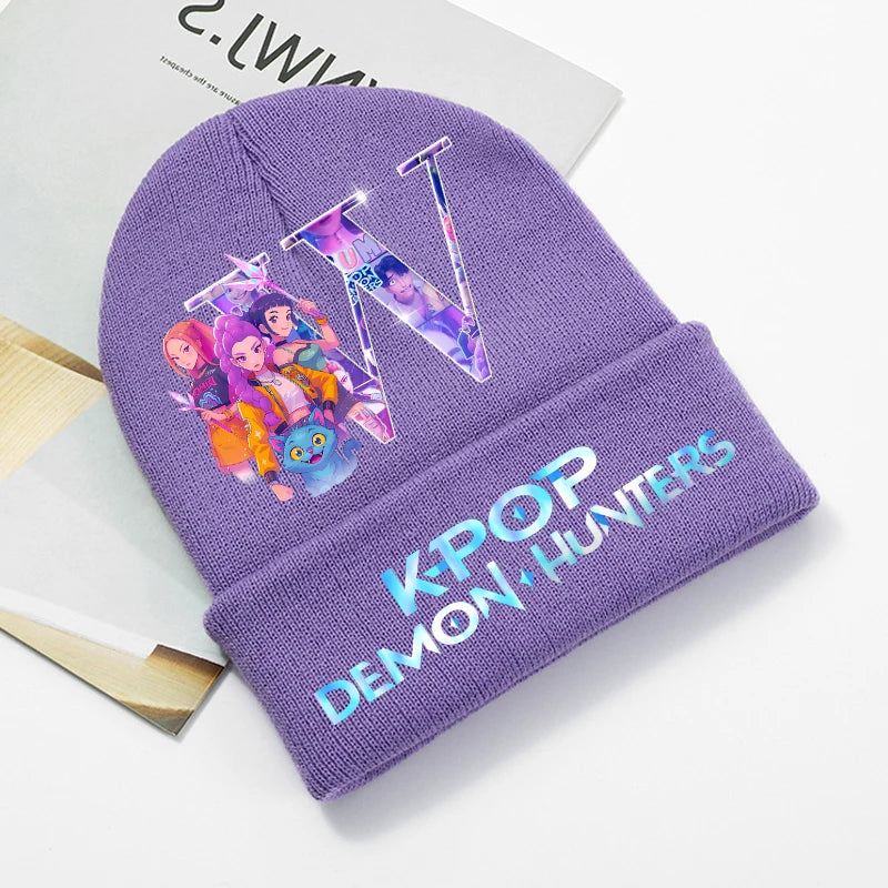 KPop Demon Hunters Purple Knitted Hat Boys Girls Cartoon Anime Woolen Hats Autumn Winter Kid Outdoor Warmth Beanies Caps Beanie - Colouronova