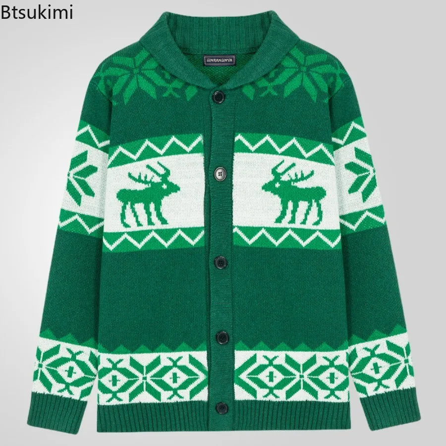 2025 Autumn Winter Men's Snowflake Christmas Sweater Knitted Sweater V-Neck Casual Knit Jumpers Pullovers Home Warm Outwear Male - Colouronova