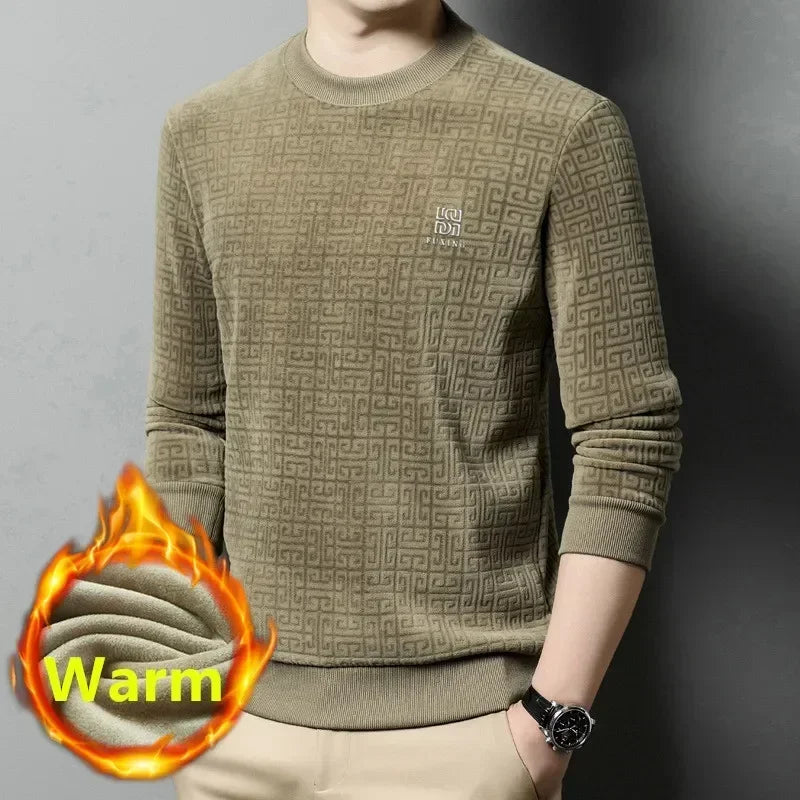 Men's Warm Hoodies Jumper Sweater O-Neck Fleece Thicker Pullover Slim Jacquard Casual Business Tops Men's Winter Clothing - Colouronova