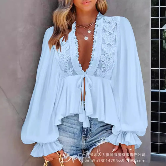 Women Tops Slash Neck Flare Sleeve Solid Pullovers Ruffles Casual T Shirts Elegant Lady Slight Strech Autumn 2024 Patchwork - Colouronova