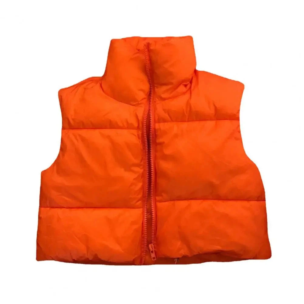 Fall Winter Warm Cropped Vest Jackets for Women Fashion Sleeveless Stand Collar Zip Up Puffer Waistcoat Street Style Outwear Colouronova