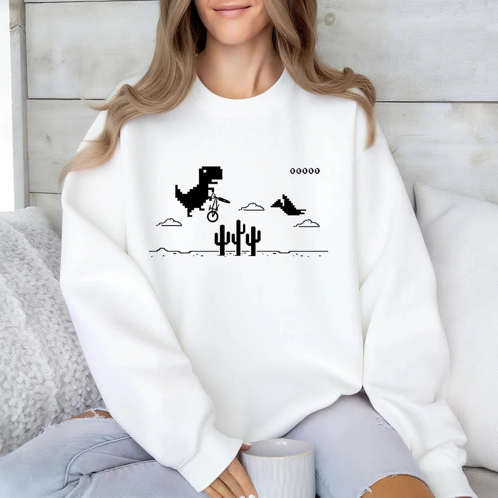 Pixel Art Of The Dino Game Printed Sweatshirts Women Crewneck Sporty Hoodies Loose Fleece Warm Tops Autumn Casual Womans Clothes Colouronova