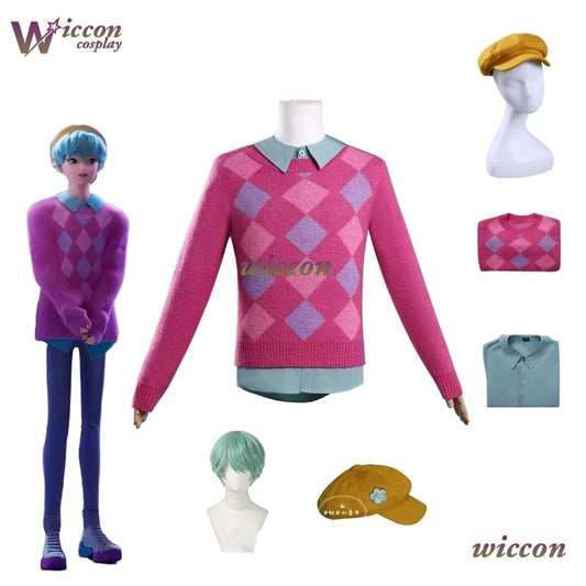 Kpop Demon Hunters Baby Saja Boys Cosplay Costume Wig Hat Set Pink Sweater Full Outfit Baby Wig Hat Men Halloween Xmas Roleplay - Colouronova