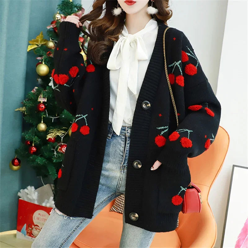 2025 Autumn V-Neck Long Sleeve Sweater Cardigan Women Jacket Coat Loose Thick Warm Knitwear Cherry Embroidery Knitted Cardigan - Colouronova