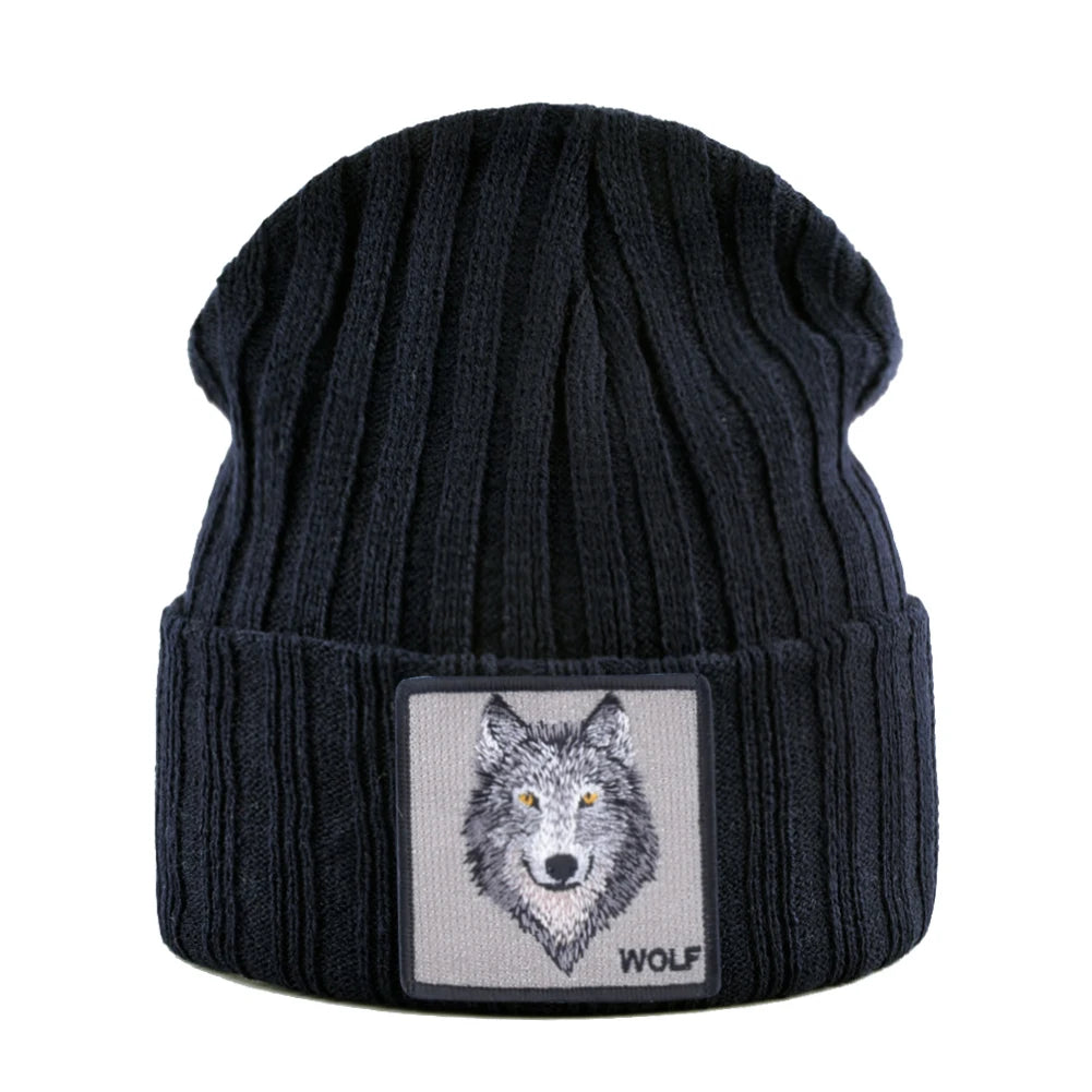 Unisex Black Beanie Hat With Animals Embroidery Patch Knitted Skull Cap For Men Women For Autumn Winter Streetwear Bonnet Hats - Colouronova