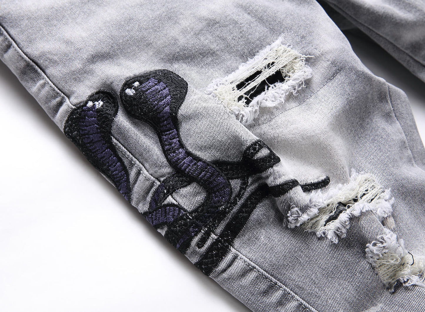 Mens Stretch Ripped Embroidered Jeans Colouronova