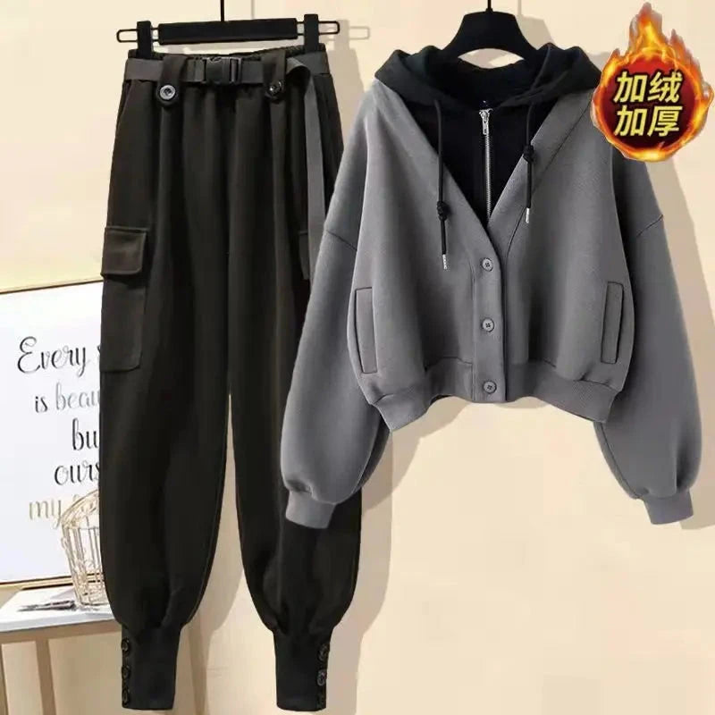 Autumn and Winter Collection with Plush and Thick Long Sleeved Hooded Jacket Work Pants Two-piece Set Women's Pants Set Colouronova