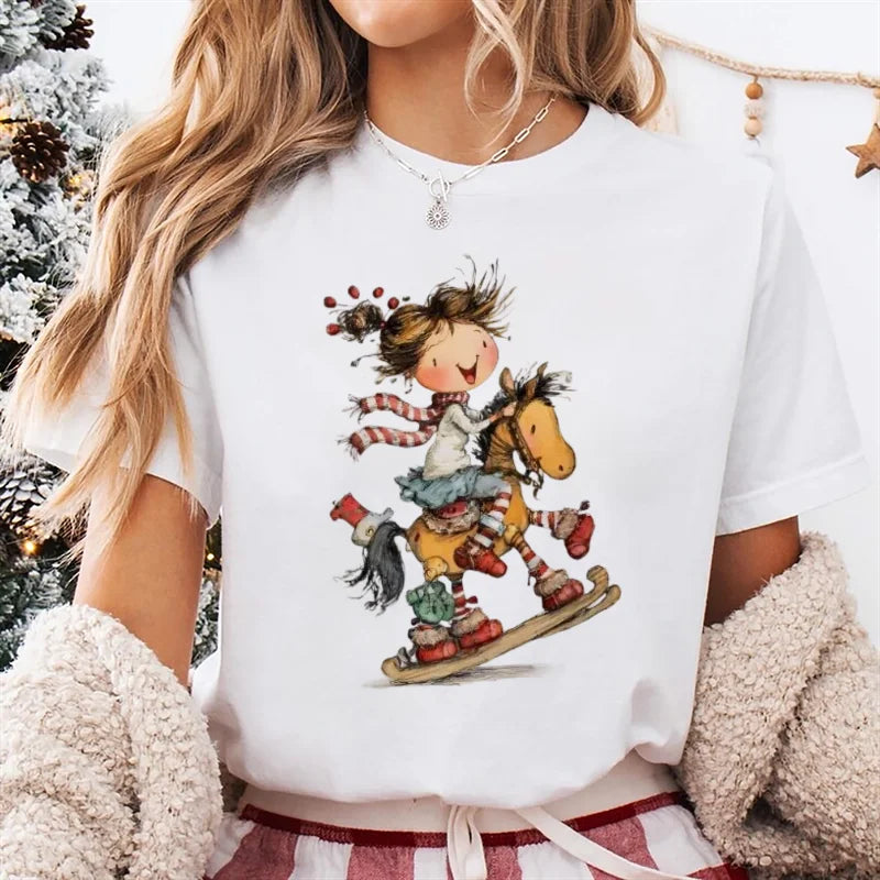 Trendy Women's Cute Christmas Happy Fashion New Year T-Shirt Girls' Christmas Socks Pattern Printed Short Sleeve Basic T-Shirt - Colouronova