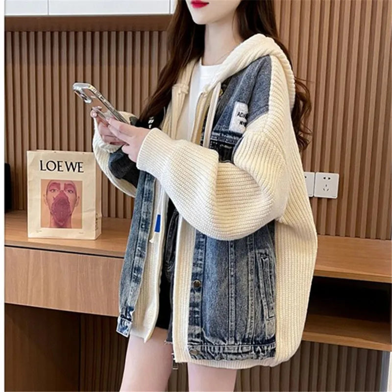 2025 New Autumn Winter Fashion Hooded Denim Patchwork Sweater Knitted Cardigan Coat Women Loose Fake Two Pieces Outerwear W646 - Colouronova
