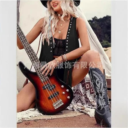 Vests Women Sleeveless Y2k Coats Cardigan Streetwear Tassel High Street Jacket Loose Rivet Slight Strech 2025 Summer Leather - Colouronova