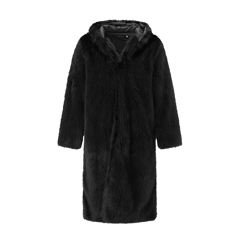 Men Faux Fur Coat Solid Color Hooded Long Sleeve Winter Warm Thicken Jacket Outerwear - Colouronova
