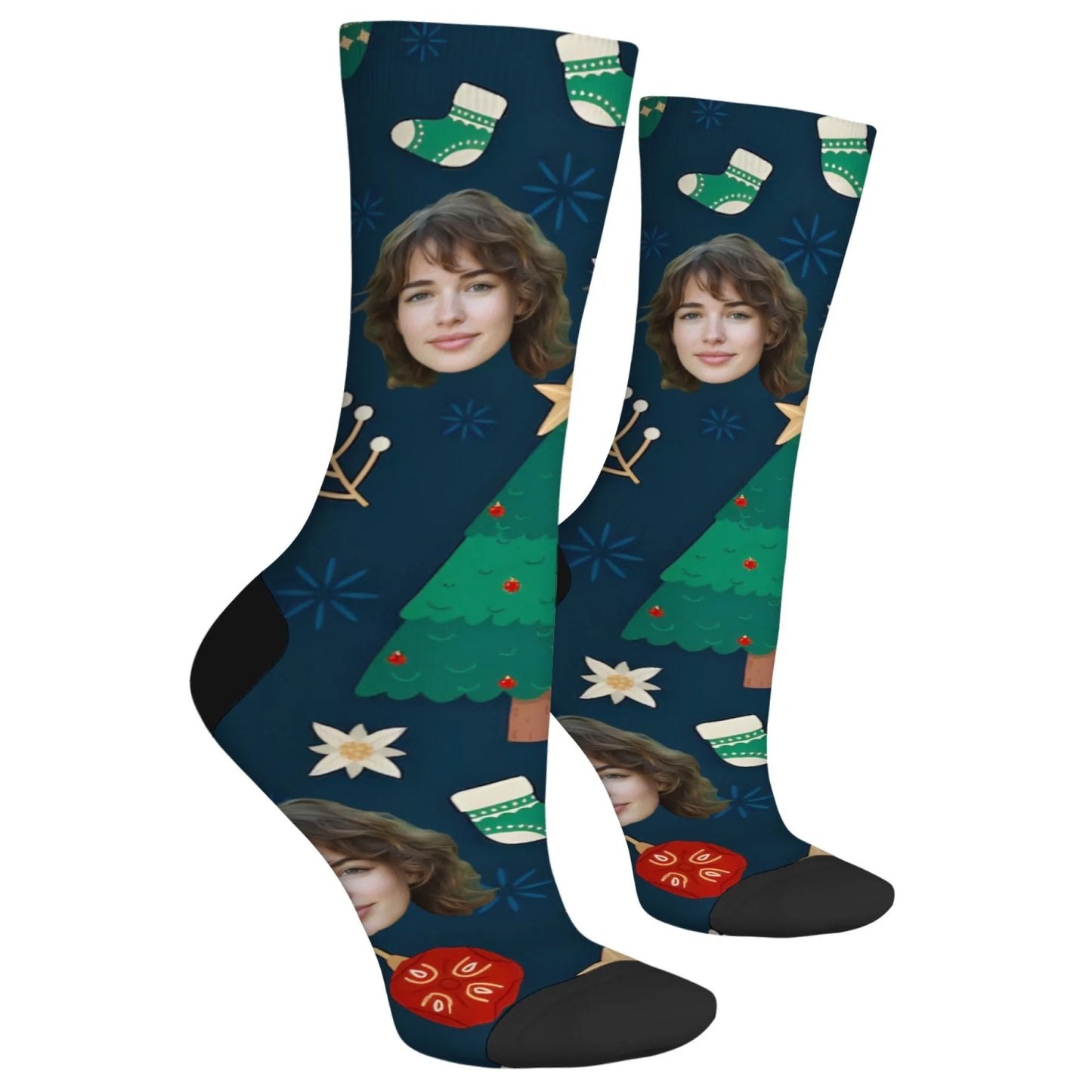 Personalized Christmas Gift Socks Custom Face & Christmas Elements Tree Socks Ornaments on Dark Blue Unique Present for Family - Colouronova