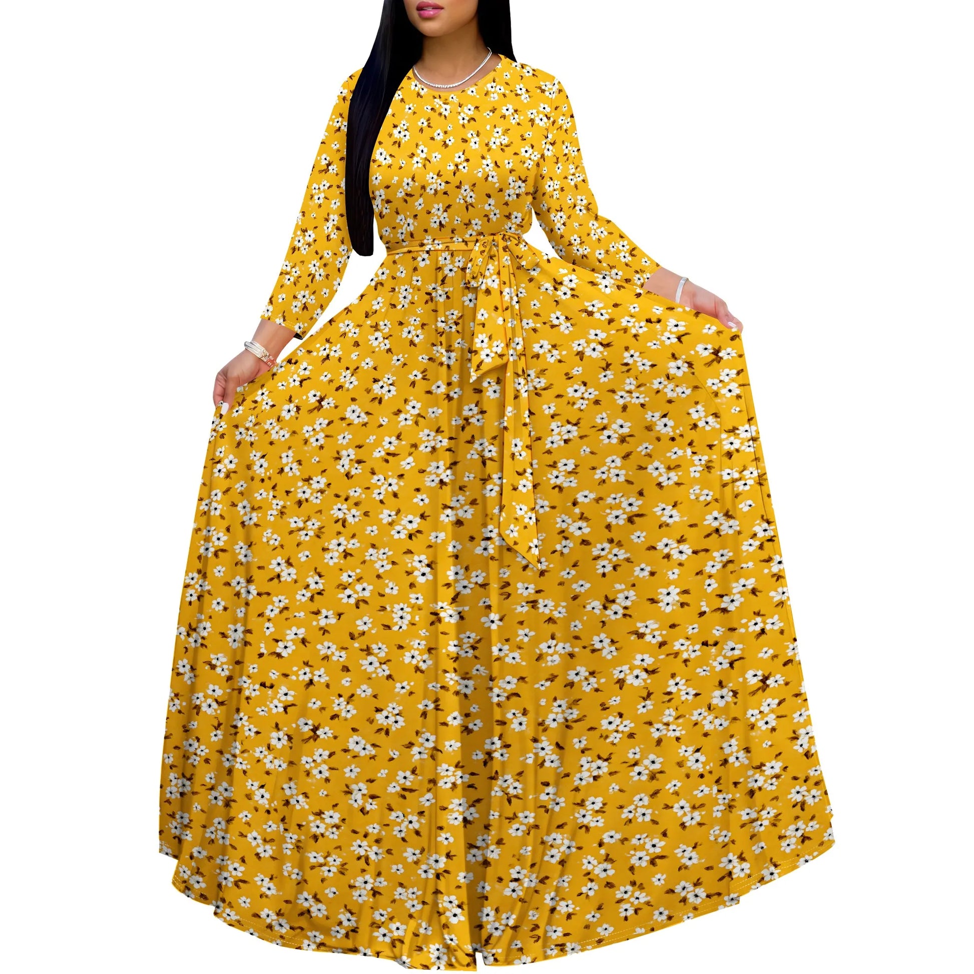 Long Sleeve Plus Size Maxi Fall Dress for Curvy Women Round Neck 3/4 Sleeve Long Dress Cocktail Party Dress - Colouronova