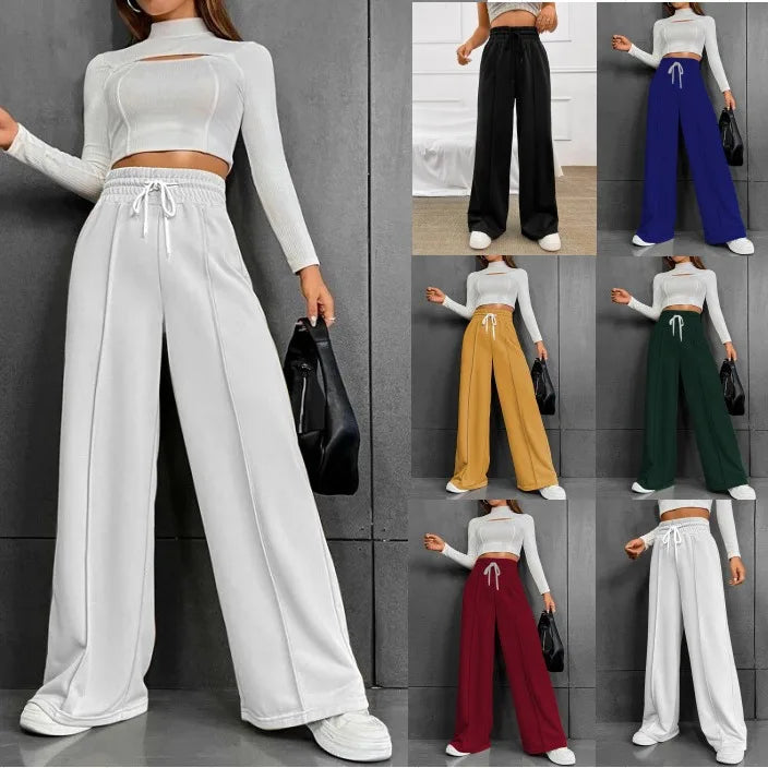 High Waist Wide Leg Pants Women Full Length Trousers Solid Capris Drawstring Pockets Loose Fit Sports Casual Slight Strech - Colouronova