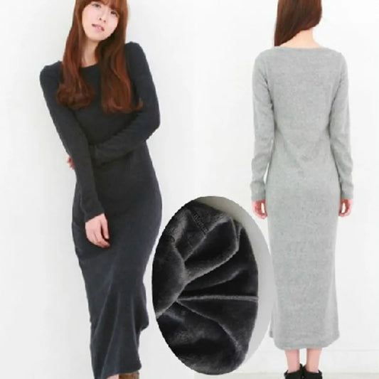 TIYIHAILEY O-neck Winter Thick Thermal Full Sleeve Maxi Dress S-10XL Customized Fleece Stretch Outerwear Hoodies Black Grey - Colouronova