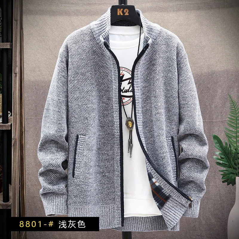 Men's Winter Autumn Fleece Sweater Zipper Cardigan Korean Warm Jacket Coat Sports Male Jumper Knit Clothing Brown Jacket - Colouronova