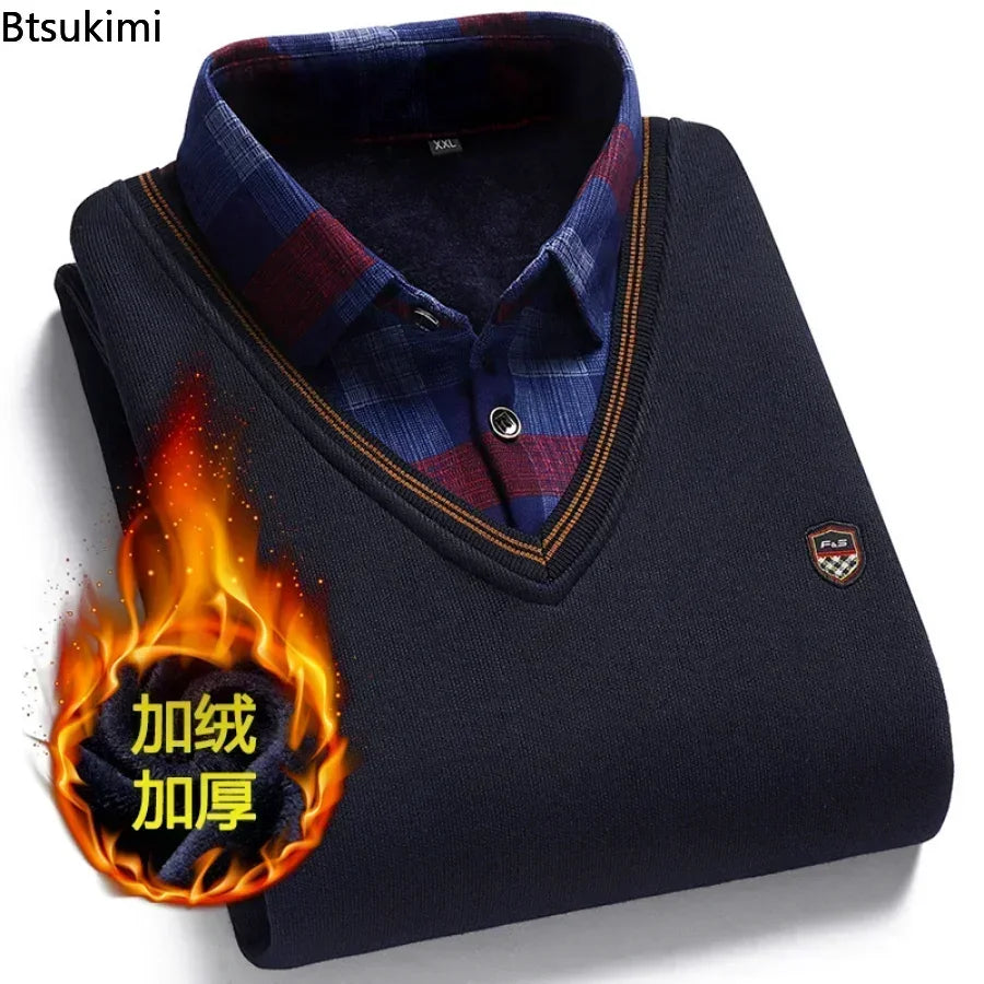 New2025 Autumn Winter Warm Sweater Men Fake Two-piece Grid Thicken Knitted Male Basic Sweater Pullover Shirt Jumper Sweater Male - Colouronova