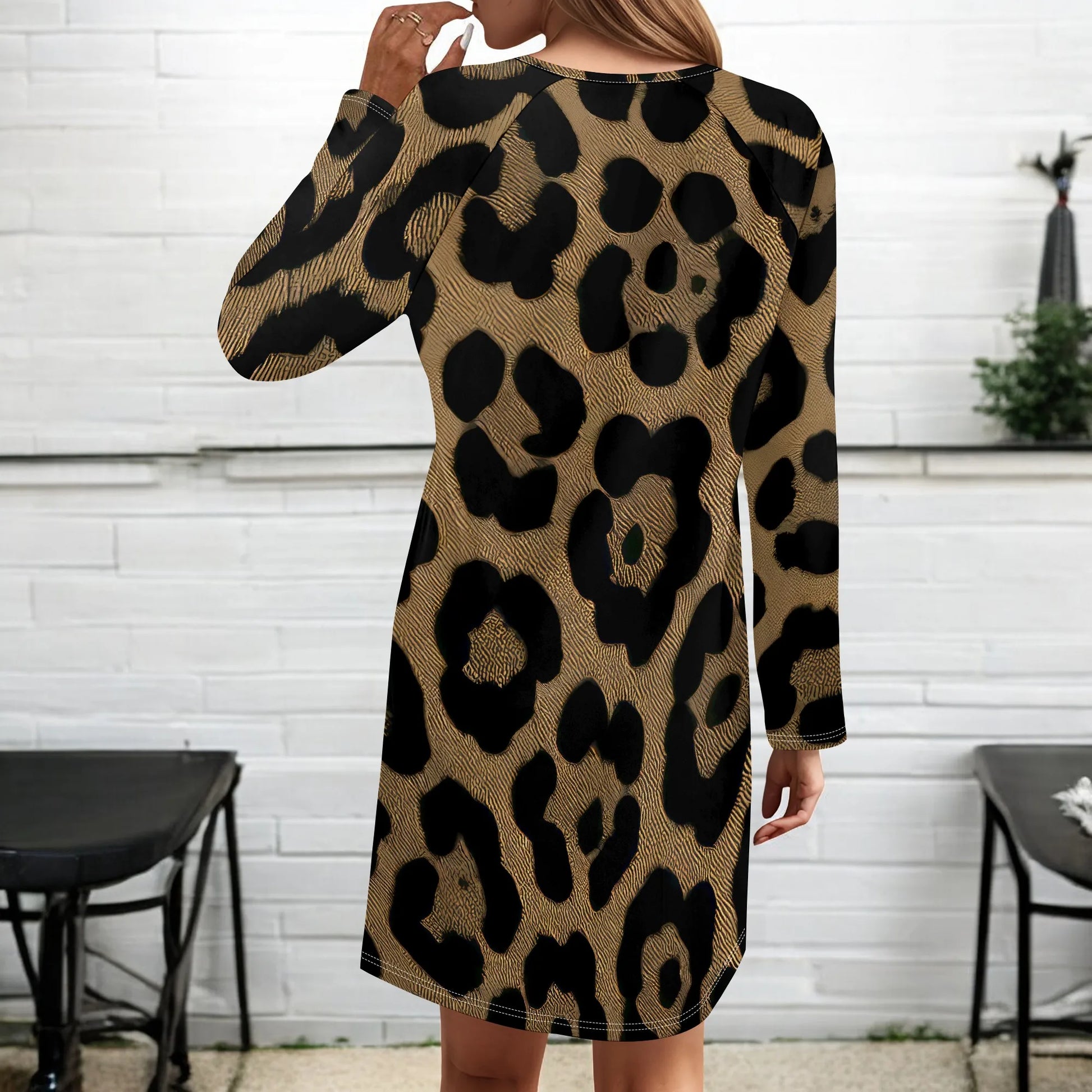 Women's Animal Print Dress Long Sleeve Crew Neck Winter Pullover Casual Loose Comfort Midi Dresses - Colouronova
