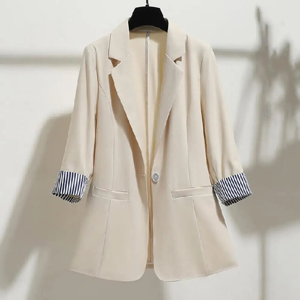 3 4 Sleeve Striped Patchwork Cuff Pockets Women Solid Color Lapel Single Button Thin Suit Coat Workwear - Colouronova