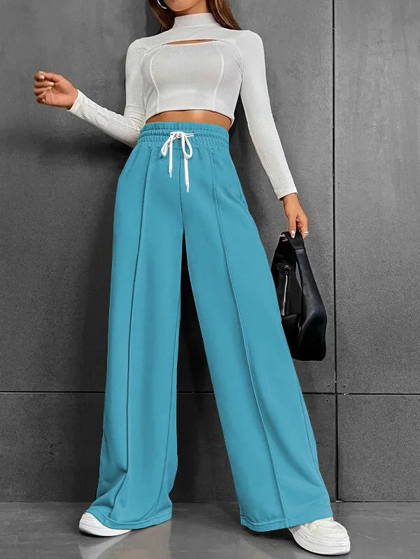 High Waist Wide Leg Pants Women Full Length Trousers Solid Capris Drawstring Pockets Loose Fit Sports Casual Slight Strech - Colouronova