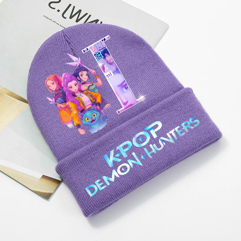 KPop Demon Hunters Purple Knitted Hat Boys Girls Cartoon Anime Woolen Hats Autumn Winter Kid Outdoor Warmth Beanies Caps Beanie - Colouronova