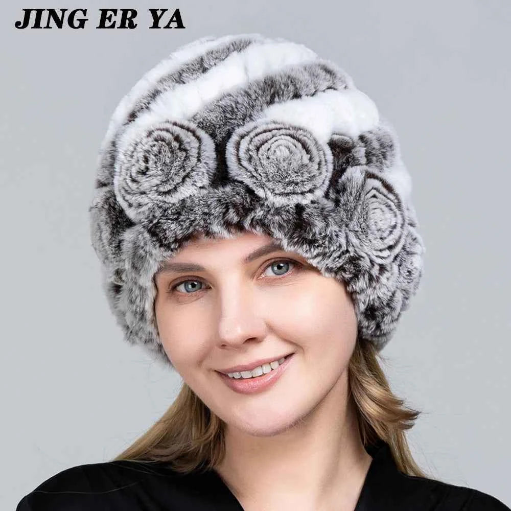 JINGERYA Winter Hat Women Warm Floral Rex Rabbit Fur Knitted Beanie Striped Classic Natural Real Fur Hats