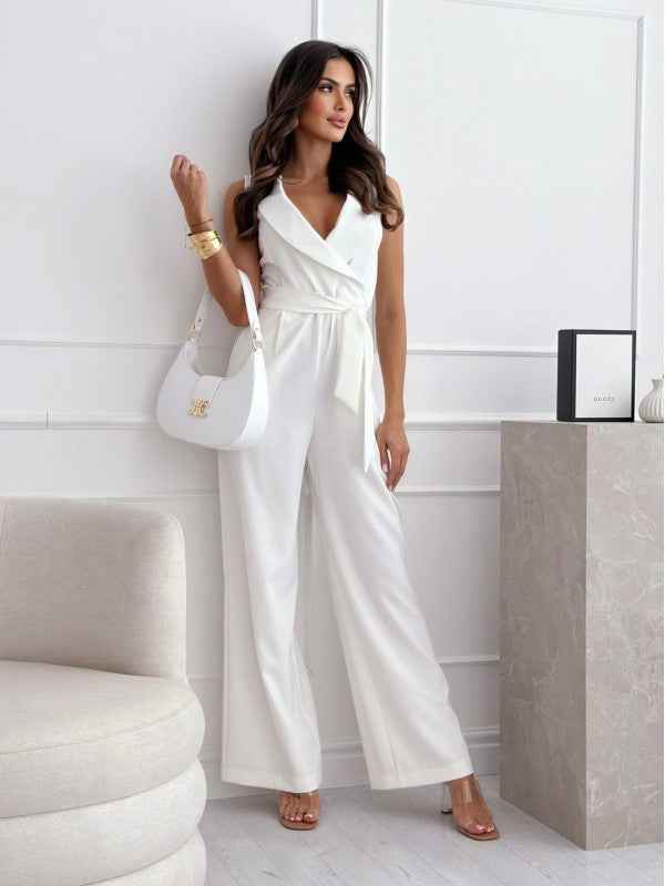 Sleeveless V-Neck High-Waist Tie-Waist Jumpsuit
