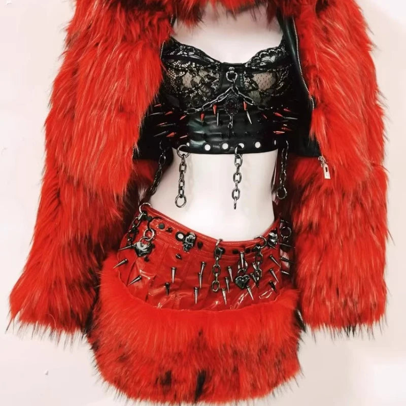 Spring Autumn New Black Lace Hollow Out Sexy Rivet Women's Vest Original Design Red Furry Splicing Short Skirt Coat Set Ladies - Colouronova
