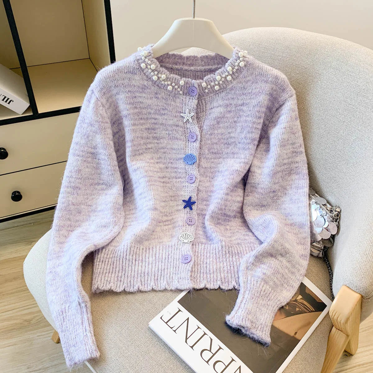 Elegant Fashion Beaded Knitted Sweater Autumn Winter Sweet Single-breasted Long Sleeve Women Cardigan Outerwear - Colouronova