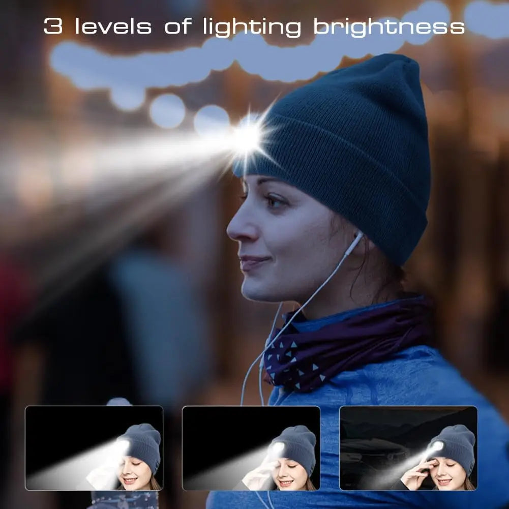 LED Light Up Beanie Hat USB Rechargeable for Adults Winter Warm Headlight Cap Night Fishing Gear - Colouronova