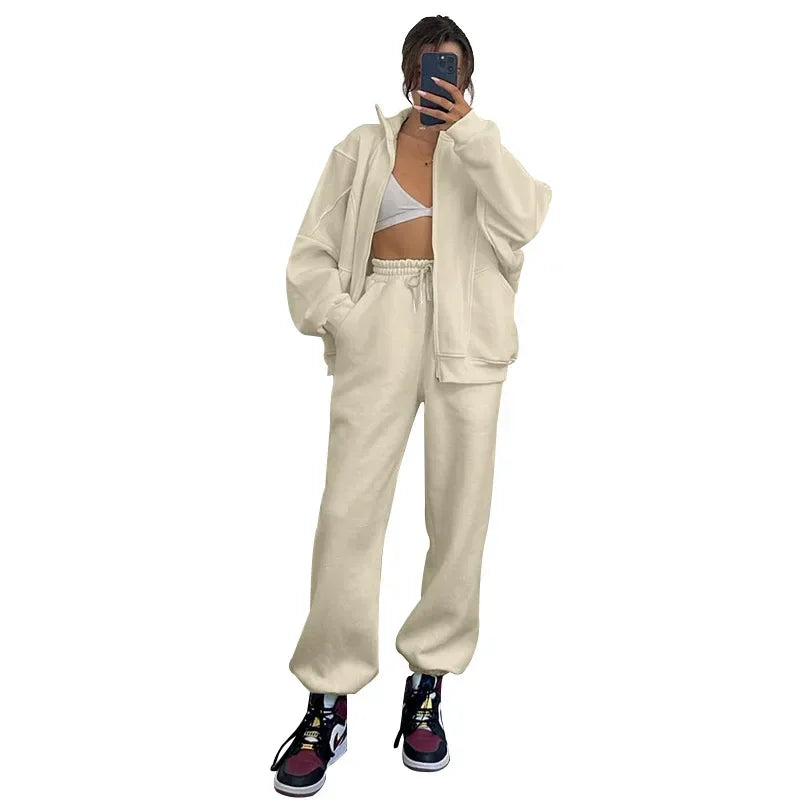 Women Pant Sets Two Piece Sets Zipper Thick Coats Sport Tracksuit Jogger Full Sleeve Solid Loose Long Pants Set Autumn Winter - Colouronova