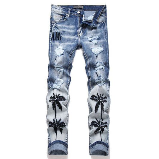 Embroidered Ripped Slim Fit Jeans Colouronova