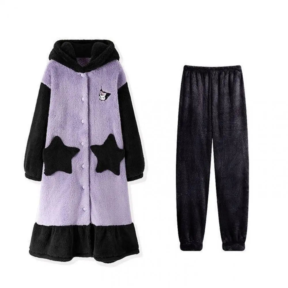 Plush Pajamas Night-Robe Suit Sanrioed Anime Kawaii Kuromi Coral Fleece Homewear Winter Long Style Thickened Nightgown Pants - Colouronova