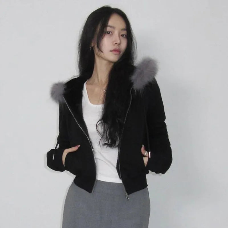 Women Hooded Zipper Coats Full Sleeved Thick Jackets Solid Slim Fit Spliced Elegant Jacket Pockets Casual Autumn Winter - Colouronova