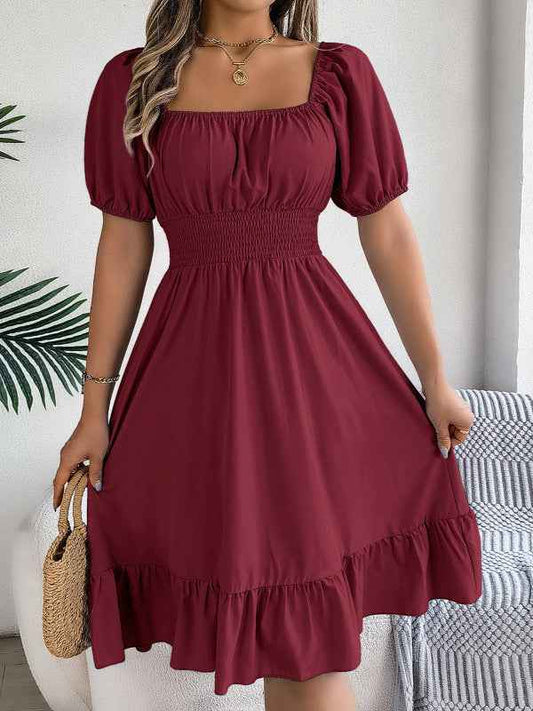 Square Neck Ruffle Hem A-Line Dress