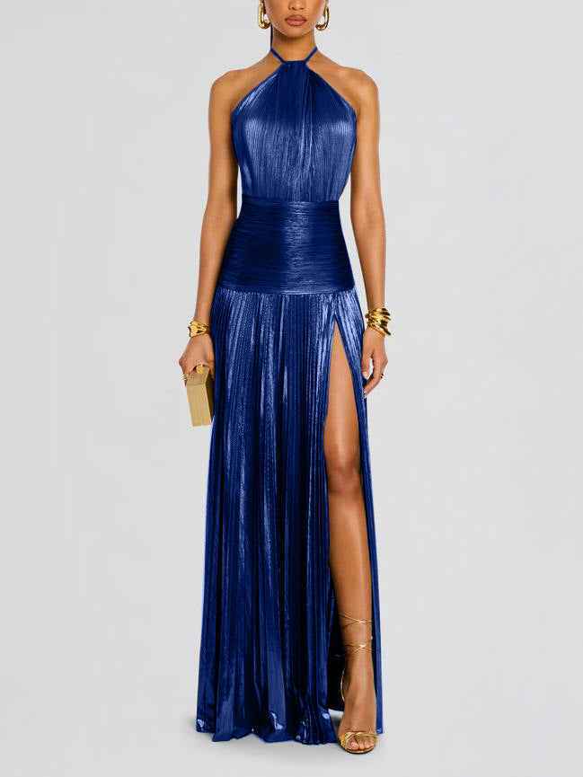 Metallic Halter Slit Backless Dress