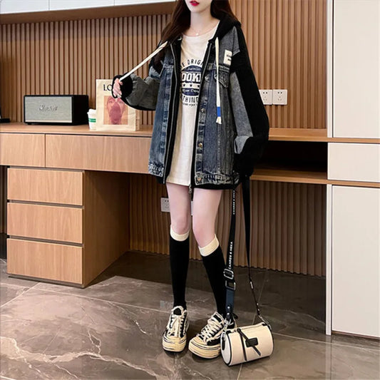 2025 New Autumn Winter Fashion Hooded Denim Patchwork Sweater Knitted Cardigan Coat Women Loose Fake Two Pieces Outerwear W646 - Colouronova