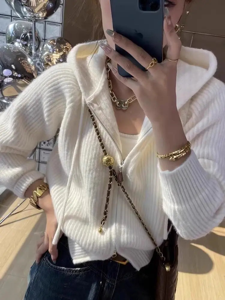 Hooded Small Fragrant Style Western-style Design Outerwear Women's Autumn and Winter New Short Loose Knitted Cardigan Sweater - Colouronova