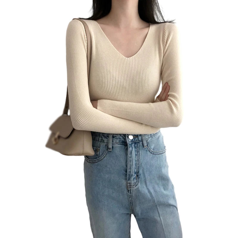 Autumn Basic Bottoming Longsleeve Sweater Women Ribbed Soft Neck Elastic Pullover Warm Solid Color Slim Sweater Top - Colouronova