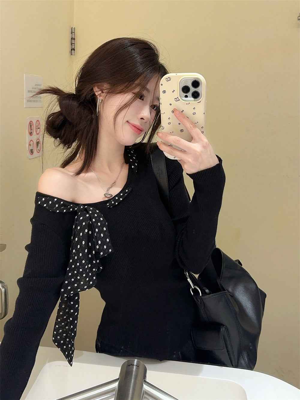 Black Polka Dot Bow Asymmetrical Blouse