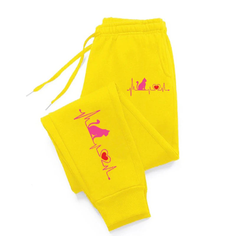 Cat Electrocardiogram Printed  Trousers Sport Fashion Joggers Street Soft  Pants Woman Casual Autumn Gothic Clothing - Colouronova