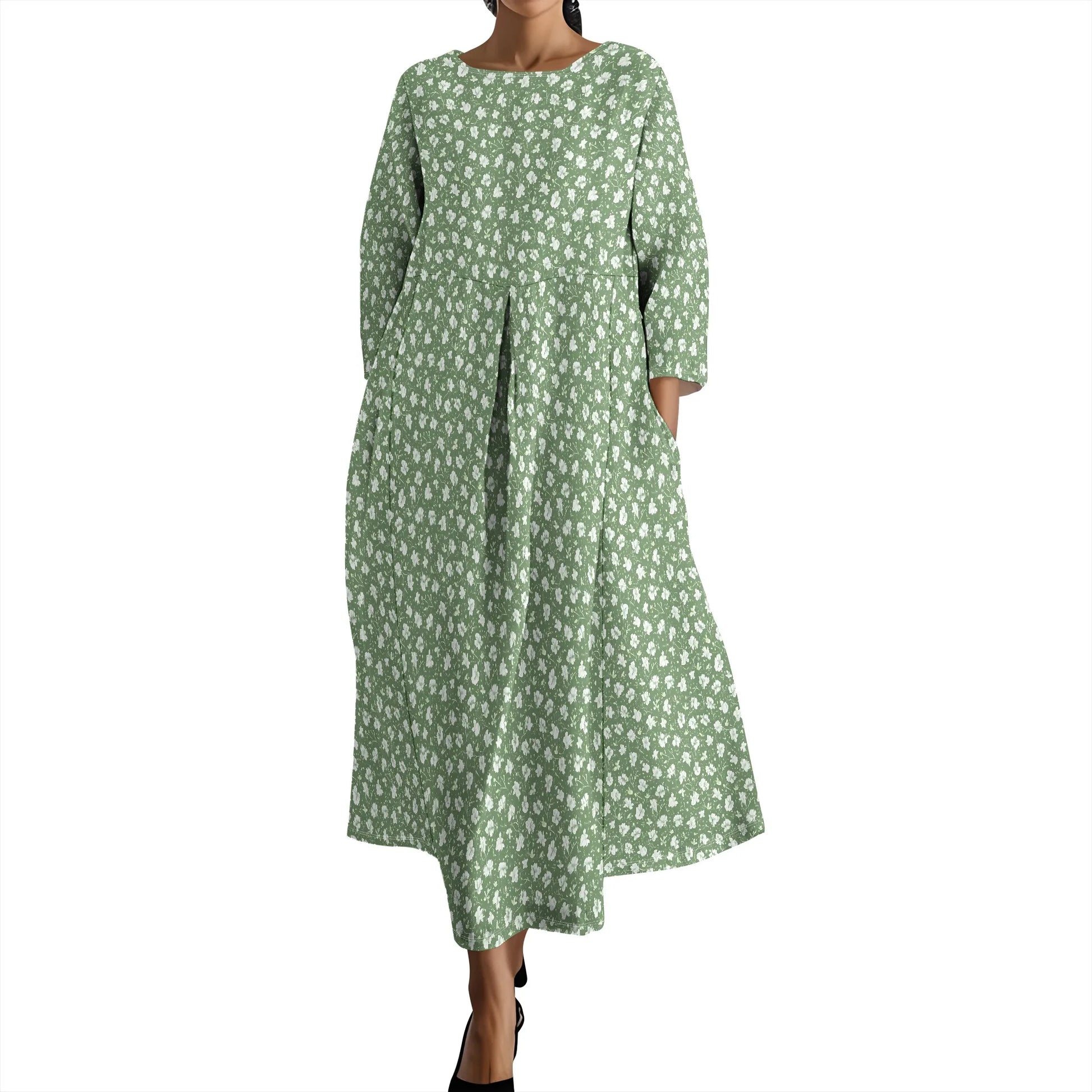 Women's Long Sleeve Elegant Solid Color Autumn Maxi Dresses Casual Loose Plus Size Beach Dress for Women with Pockets - Colouronova