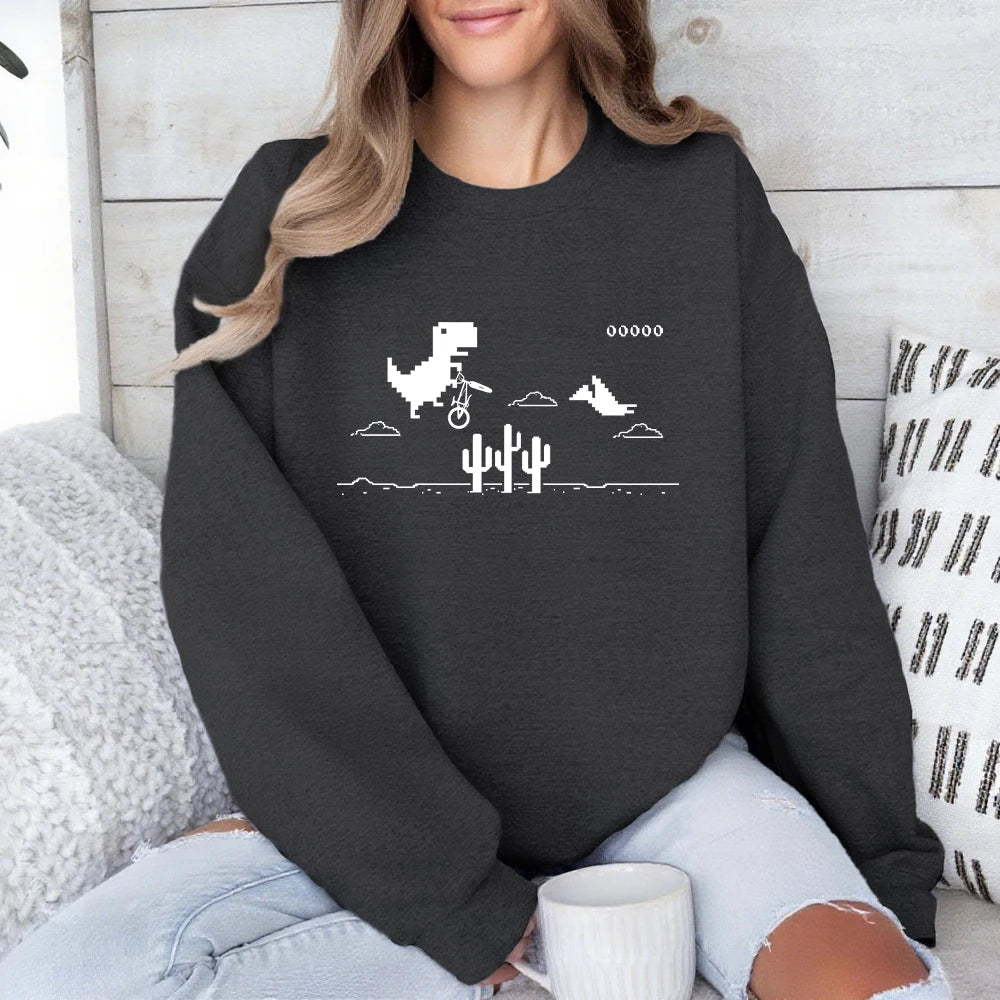 Pixel Art Of The Dino Game Printed Sweatshirts Women Crewneck Sporty Hoodies Loose Fleece Warm Tops Autumn Casual Womans Clothes - Colouronova