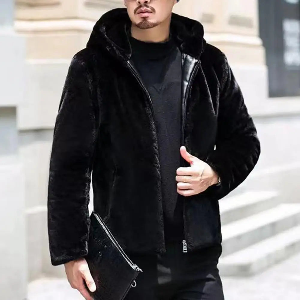 Men Coat Hooded Long Sleeve Imitation Mink Fur Jacket With Pockets Zipper Placket Thick Fleece Winter Coat - Colouronova