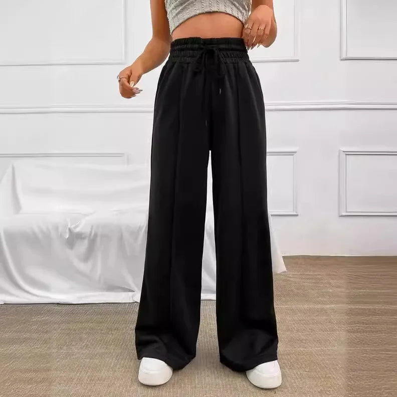 High Waist Wide Leg Pants Women Full Length Trousers Solid Capris Drawstring Pockets Loose Fit Sports Casual Slight Strech - Colouronova