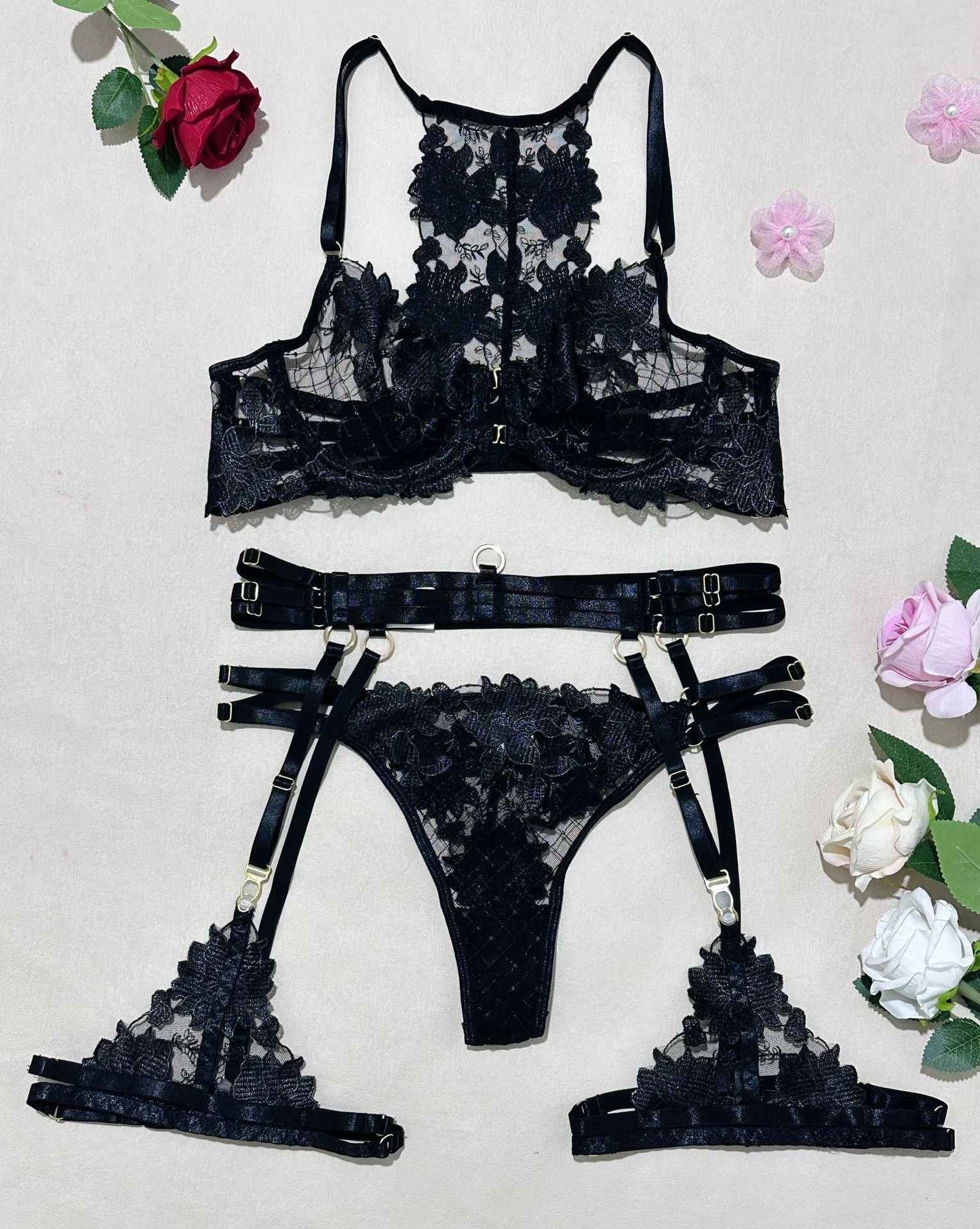 Embroidered Cross-Strap Lingerie Set