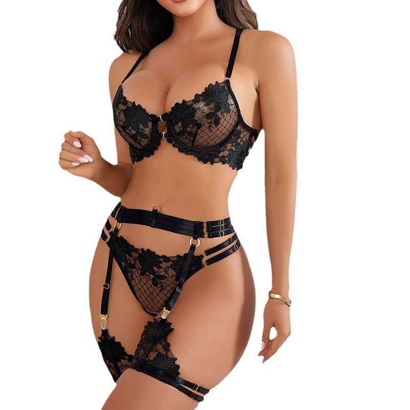 Embroidered Cross-Strap Lingerie Set