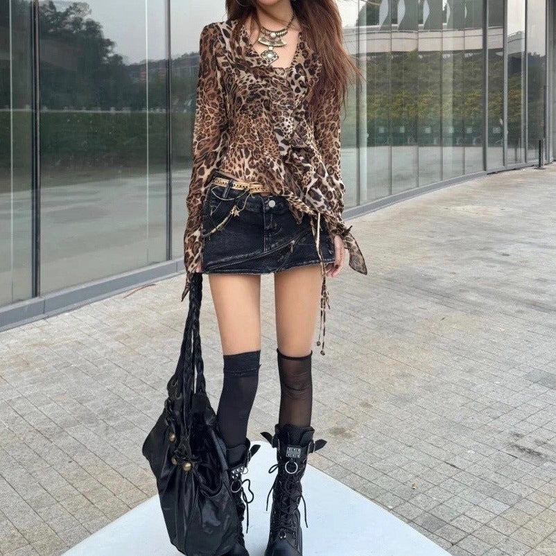 Women's Leopard Print V-Neck Chiffon Shirt Colouronova